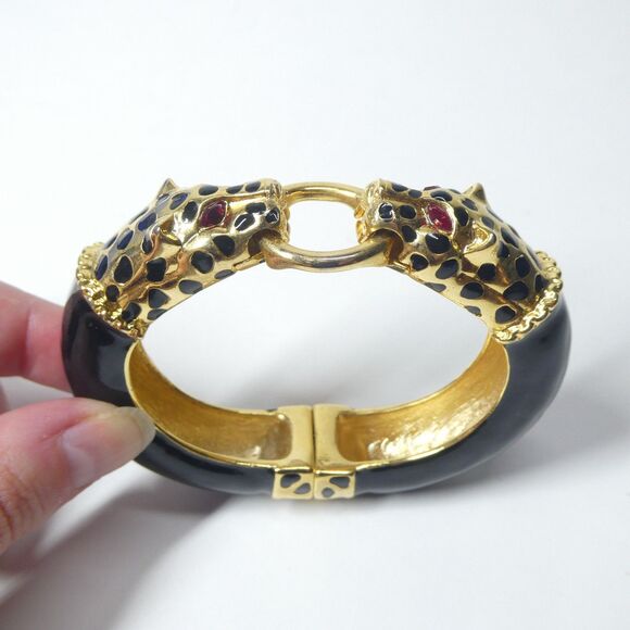 Double Leopard Head Bracelet KJL Kenneth Lane Black Gold Rhinestone Bangle Vtg - Picture 1 of 8